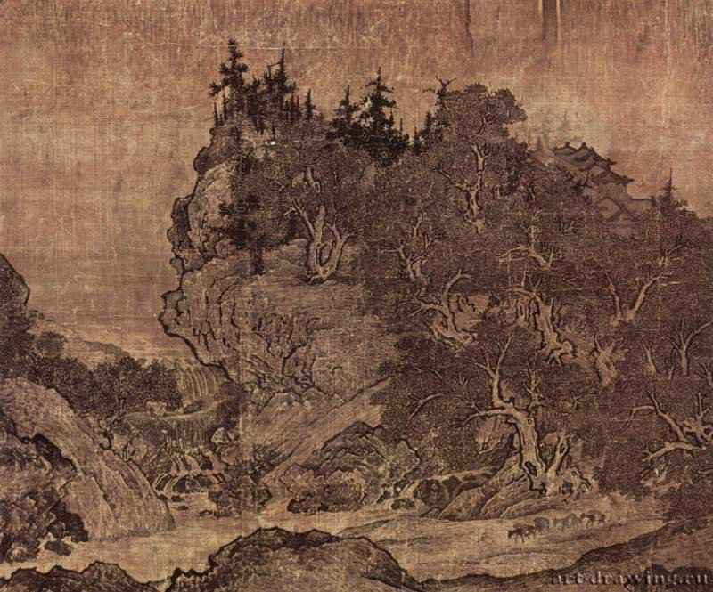 Путешествие по горам и рекам, 11 век. - Шёлк, тушь, краски. Китай. Тайвань. Дворцовое собрание. Фрагмент свитка.