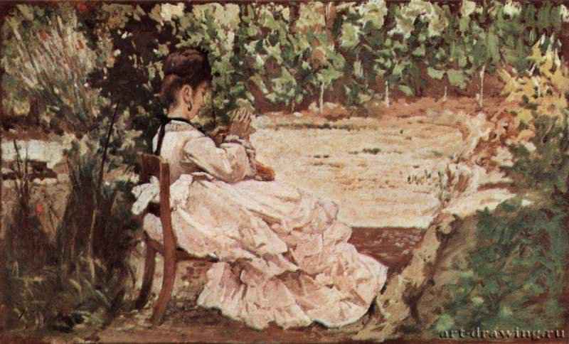 Жена Джованни в саду. 1870-1875 - 14,5 x 23,5 смДеревоРеализм, маккьяйолиИталияФлоренция. Частное собрание