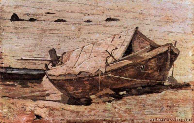 Пляж с маленькой лодкой. 1878-1885 - 14 x 21 смДеревоРеализм, маккьяйолиИталияФлоренция. Галерея современного искусства