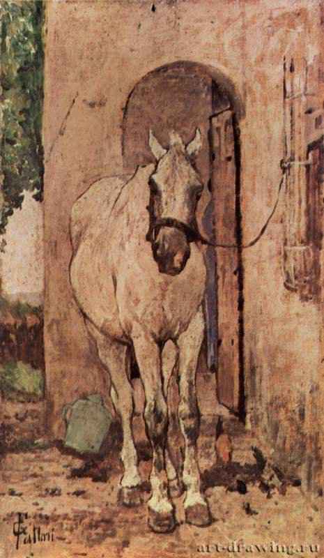 Белая лошадь перед дверью. 1880-1885 - 32 x 18,5 смДеревоРеализм, маккьяйолиИталияМилан. Собрание Юккера