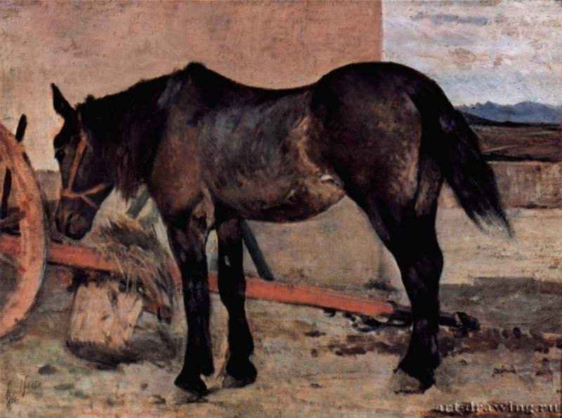 Лошадь перед телегой. 1880-1890 - 25,5 x 35 смДеревоРеализм, маккьяйолиИталияЛиворно . Собрание Анжиолини