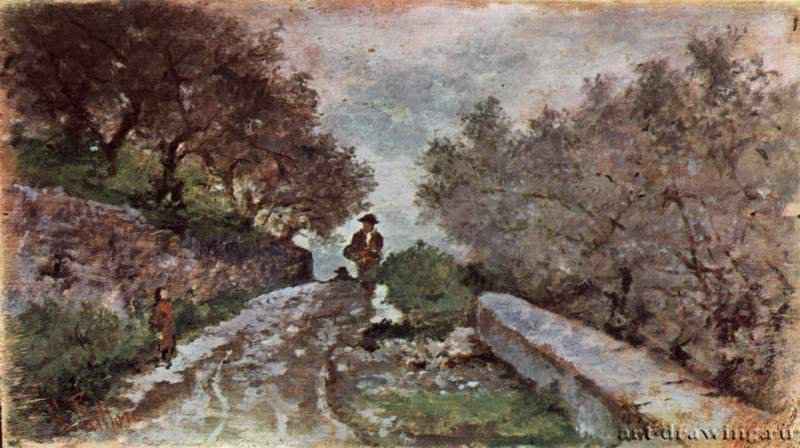 Два путника на дороге, идущей через оливковую рощу. 1885-1895 - 13 x 23 смХолст, маслоРеализм, маккьяйолиИталияФлоренция. Галерея современного искусства