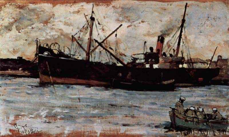 Корабли в гавани. 1890-1895 - 19 x 32 смДеревоРеализм, маккьяйолиИталияЛиворно. Музей Фатториано