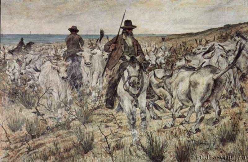 Два пастуха на лошадях со стадом быков. 1890-1900 - 19 x 33 смДеревоРеализм, маккьяйолиИталияКрема. Собрание Страмецци