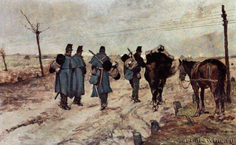 Марширующие солдаты. 1890-1900 - 37 x 62 смХолст, маслоРеализм, маккьяйолиИталияГенуя. Собрание Тарагони