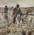 Два пастуха на лошадях со стадом быков. 1890-1900 - 19 x 33 смДеревоРеализм, маккьяйолиИталияКрема. Собрание Страмецци