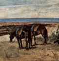 Солдат с двумя лошадями на берегу моря. 1890-1900 - 32 x 61 смХолст, маслоРеализм, маккьяйолиИталияГенуя . Собрание Тарагони