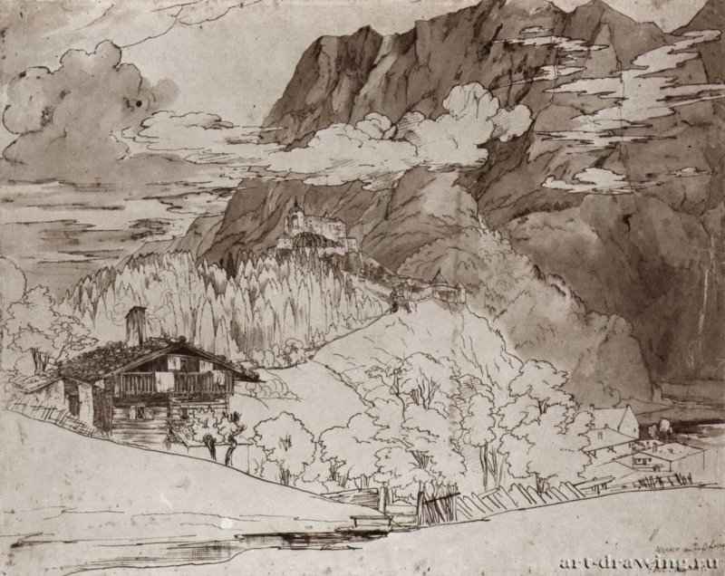 Мостки на перевале Лёйг, 1815 - 340 x 435 мм. Перо и кисть сепией и тушью, на желтоватой бумаге. Дрезден. Гравюрный кабинет Государственных художественных собраний.