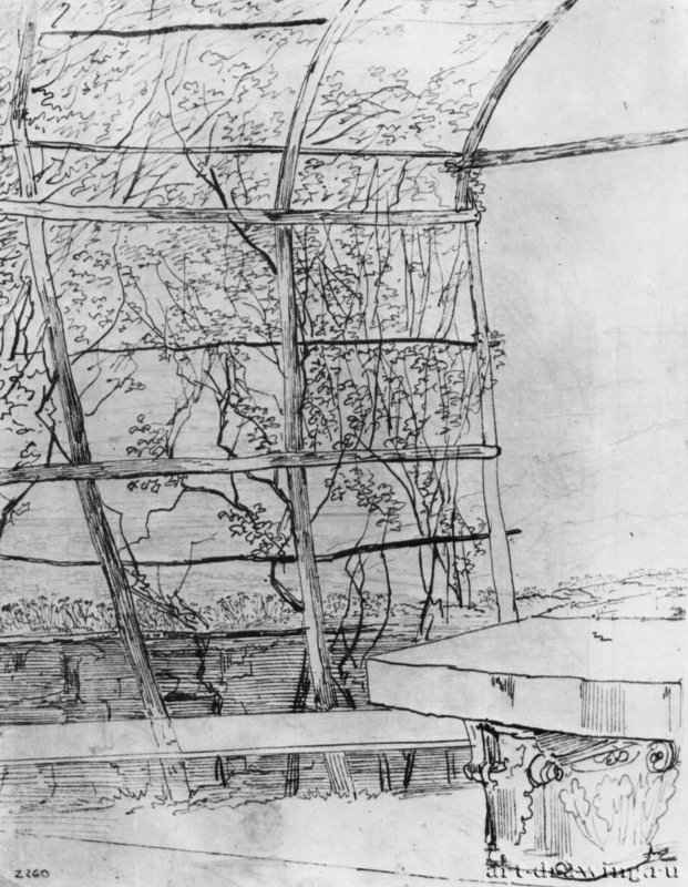 Беседка с каменным столом в английском саду Гейдельбергского замка, 1816 - 270 x 204 мм. Перо тушью, по рисунку карандашом, на бумаге цвета слоновой кости. Гейдельберг. Курпфальцский музей, Собрание графики.