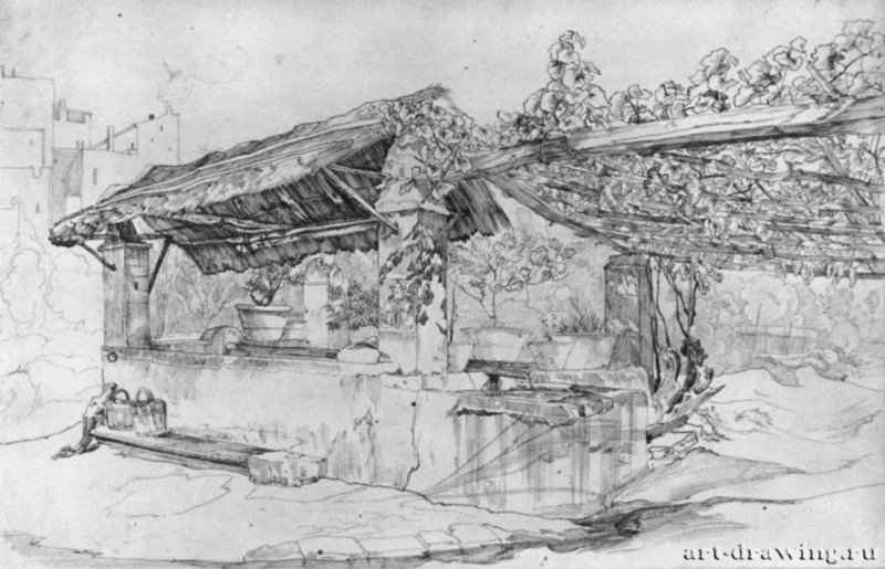 Место для стирки под виноградной беседкой в Италии, 1816 - 1817 - 122 x 193 мм. Перо серым и черным тоном, на белой бумаге. Франкфурт-на-Майне. Художественный институт Штеделя, Гравюрный кабинет.