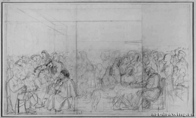 Художники в кафе "Греко", второй эскиз, 1818 - 460 х 795 мм. Карандаш на бумаге. Франкфурт-на-Майне. Художественный институт Штеделя, Гравюрный кабинет.
