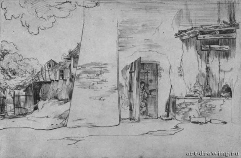 Крестьянский дом на юге, 1818 - 1817 - 122 x 185 мм. Перо сепией, по рисунку карандашом, на слегка желтоватой бумаге. Гейдельберг. Курпфальцский музей, Собрание графики.