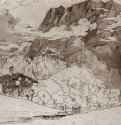 Мостки на перевале Лёйг, 1815 - 340 x 435 мм. Перо и кисть сепией и тушью, на желтоватой бумаге. Дрезден. Гравюрный кабинет Государственных художественных собраний.