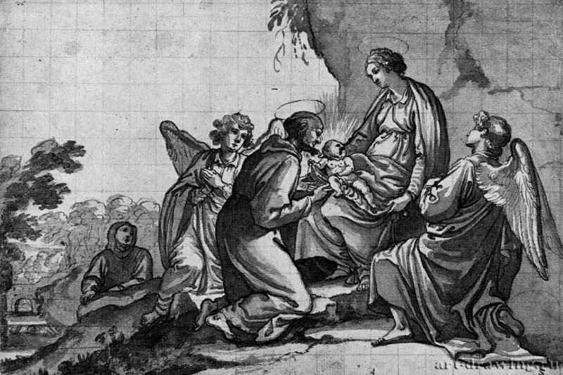 Мадонна протягивает младенца Христа святому Франциску. 1616-1619 - 218 х 320 мм. Перо коричневым тоном, отмывка, на белой бумаге. Капстад (Кейптаун). Национальная галерея Южной Африки. Италия.