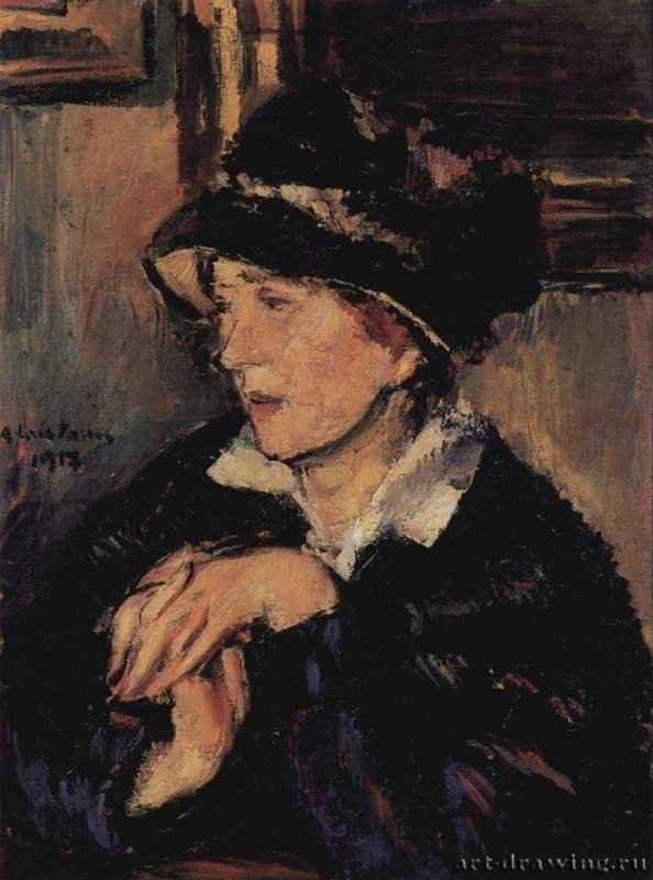 Портрет дамы в тёмной шляпе. 1917 - 66,2 x 50,3 смХолст, маслоПостимпрессионизмАвстрияВена. Собрание Леопольд