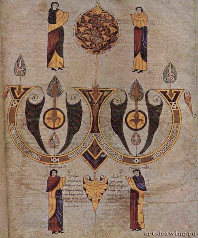 ОМЕГА, колофон: художник и переписчик Библии поздравляют друг друга. 960 - 36,5 x 29 смПергаментРоманское искусствоИспанияЛеон. Церковь коллегиатов св. ИсидораФрагмент рукописи, мавританская традиция, художник и переписчик Библии Флорентин и его ученик, писец Санктио 