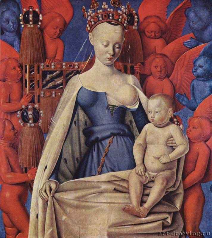 Мария с младенцем, 1450. - 91 x 81 см. Дерево. Возрождение. Франция. Антверпен. Королевский Музей изящных искусств. Религиозный образ Мадонны с младенцем на троне изображает также и более земной сюжет. Распространено мнение, что Мадонна на самом деле это портрет Аньес Сорель, возлюбленной французского короля Карла VII. Ее поклонником был также и некто Шевалье, первый покровитель Фуке. Эта картина была исполнена в год смерти Аньес, в память о которой она, возможно, и была заказана. Известный своими миниатюрами, Фуке, один из крупнейших французских живописцев XV века, совершил путешествие в Италию, где он должен был видеть работы Пьеро делла Франчески и других ренессансных художников. Его острое внимание к деталям восходит к северным художникам, таким как Ян ван Эйк. Это заметно в трактовке короны, украшенной драгоценными камнями, и различных по фактуре одежд, меха и прозрачной вуали.