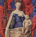Мария с младенцем, 1450. - 91 x 81 см. Дерево. Возрождение. Франция. Антверпен. Королевский Музей изящных искусств. Религиозный образ Мадонны с младенцем на троне изображает также и более земной сюжет. Распространено мнение, что Мадонна на самом деле это портрет Аньес Сорель, возлюбленной французского короля Карла VII. Ее поклонником был также и некто Шевалье, первый покровитель Фуке. Эта картина была исполнена в год смерти Аньес, в память о которой она, возможно, и была заказана. Известный своими миниатюрами, Фуке, один из крупнейших французских живописцев XV века, совершил путешествие в Италию, где он должен был видеть работы Пьеро делла Франчески и других ренессансных художников. Его острое внимание к деталям восходит к северным художникам, таким как Ян ван Эйк. Это заметно в трактовке короны, украшенной драгоценными камнями, и различных по фактуре одежд, меха и прозрачной вуали.