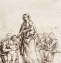 Стоящая Мадонна с младенцем, окруженная поклоняющимися ангелами. 1505-1517 - 224 х 163 мм. Перо черным тоном, частичная подсветка белым, на грунтованной сангиной бумаге. Виндзорский замок. Королевская библиотека.