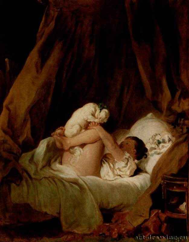 Девушка в кровати, играющая с собачкой. 1765-1772 - 89 x 70 см. Холст, масло. Рококо. Франция. Мюнхен. Старая пинакотека.