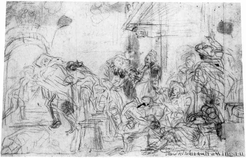 Бурлескная сцена из жизни сельского священника Арлотто. 1640 - 186 х 292 мм. Черный мел на белой бумаге. Лондон. Собрание Шапиро. Италия.