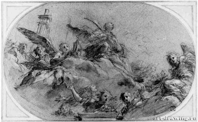 Святая Цецилия во славе. 1643 - 235 х 377 мм. Сангина, отмывка красным тоном, подсветка белым, на коричневатой бумаге. Лондон. Институт Курто. Италия.