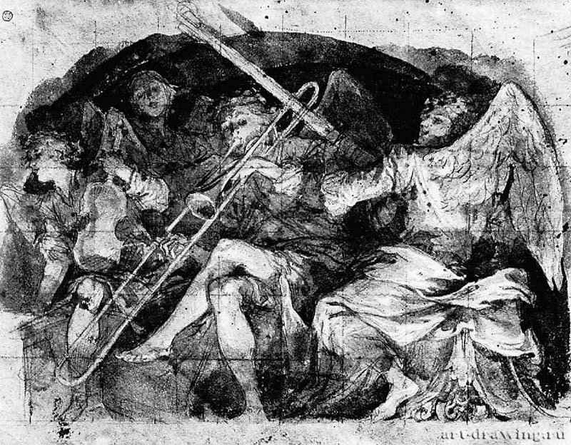 Эскиз ангельского концерта для росписи люнета. 1643 - 263 х 340 мм. Сангина, отмывка красным тоном, подсветка белым, на белой бумаге. Рим. Национальный кабинет гравюр. Италия.