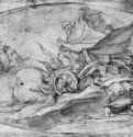 Вознесение Илии. 1642 - 222 х 359 мм. Сангина, отмывка красным тоном, на белой бумаге. Эдинбург. Национальная галерея Шотландии. Италия.