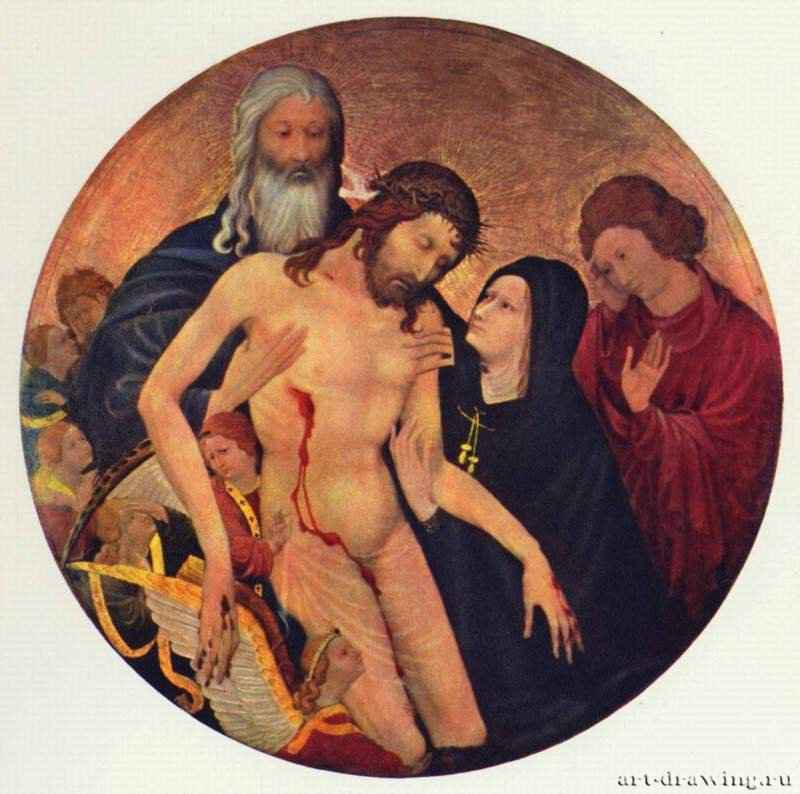 Большая Пьета в круге, тондо. 1416 - Диаметр 64 см. Дерево. Готика. Франция. Париж. Лувр. Франко-фламандская школа около 1400 года.