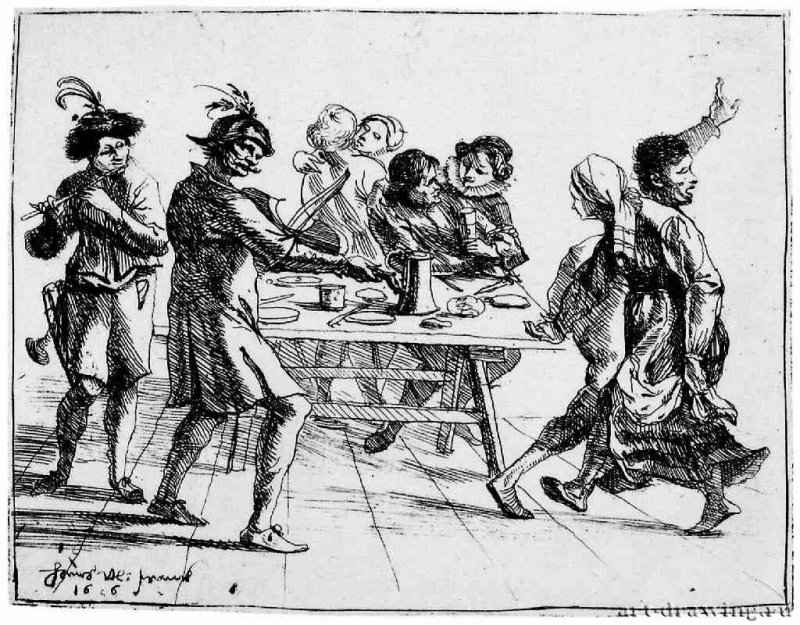 Серия "Из времен Тридцатилетней войны", Танцующая пара в шинке. 1643 - 109 х 139 мм. Офорт. Карлсруэ. Кунстхалле, Гравюрный кабинет. Германия.