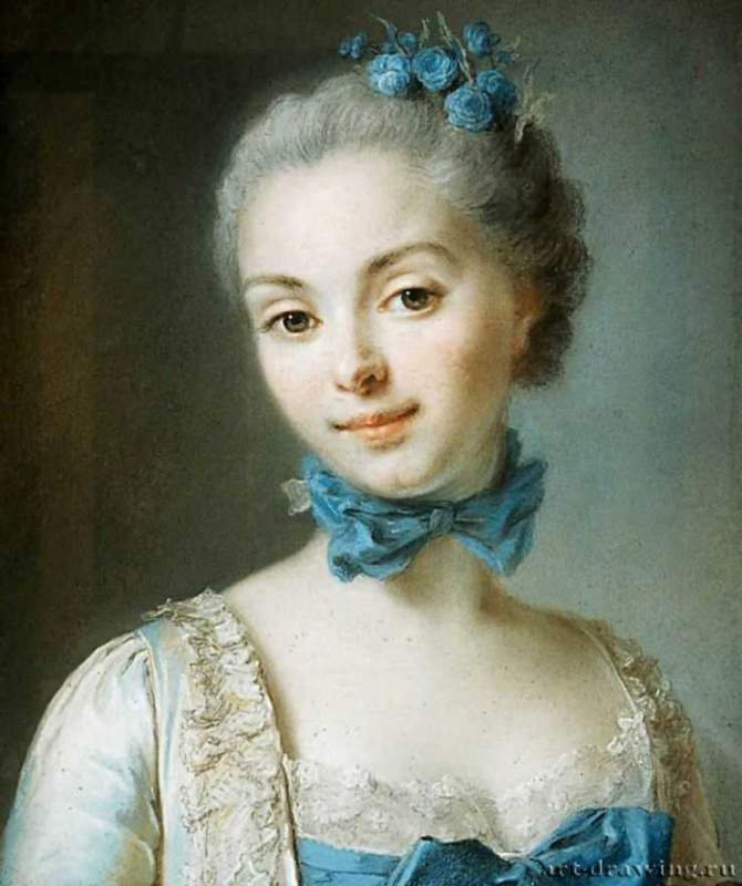 Портрет молодой женщины с голубой лентой - Пастель, бумага; 46,4 x 37,5 см. Музей изящных искусств. Бостон. Франция.