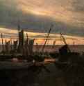 Корабли вечером в гавани (После захода солнца). 1828 - 31 x 25 см. Холст, масло. Романтизм. Германия. Дрезден. Картинная галерея.