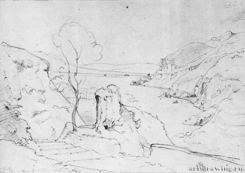 Побережье близ Вико Эквензе в Неаполитанском заливе, 1826 - 256 x 373 мм. Карандаш на белой бумаге. Гейдельберг. Курпфальцский музей, Собрание графики.