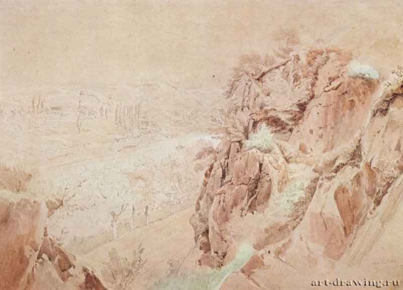 Вид на обитель Нойбург от Чертовой кафедры близ Гейдельберга, 1833 - 425 x 584 мм. Перо и кисть, цветная акварель, по подготовке карандашом, на бумаге цвета охры. Гейдельберг. Курпфальцский музей, Собрание графики.