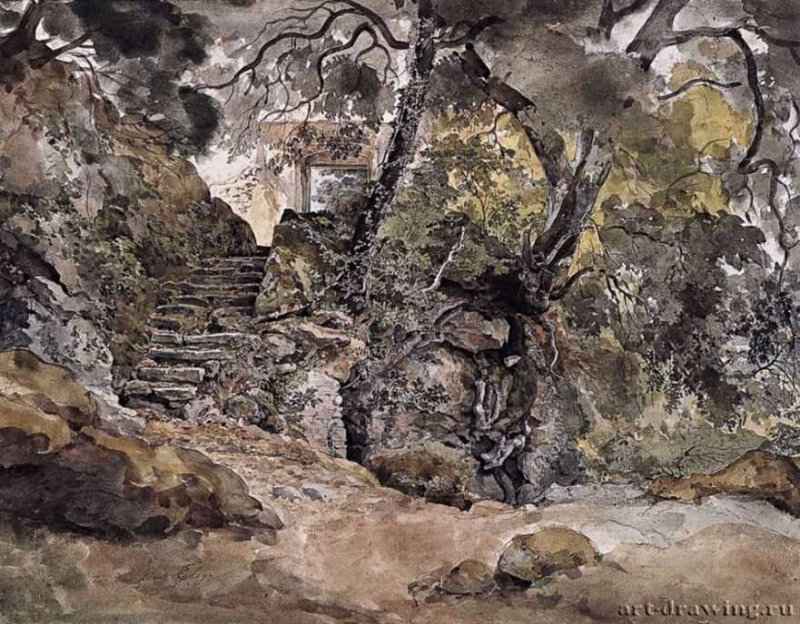 Парк виллы Киджи в Аричча. 1824 г. - Акварель, карандаш; 38,8 x 53,5 см. Карлсруэ. Государственное собрание. Германия.