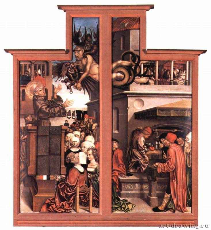 Проповедь св. Антония Падуанского. 1506 - Каждая 176,6 x 72,2 смДерево, темпераПоздняя готикаШвейцарияФрайбург в Брайсгау. Церковь францисканцевВнешняя створка алтаря
