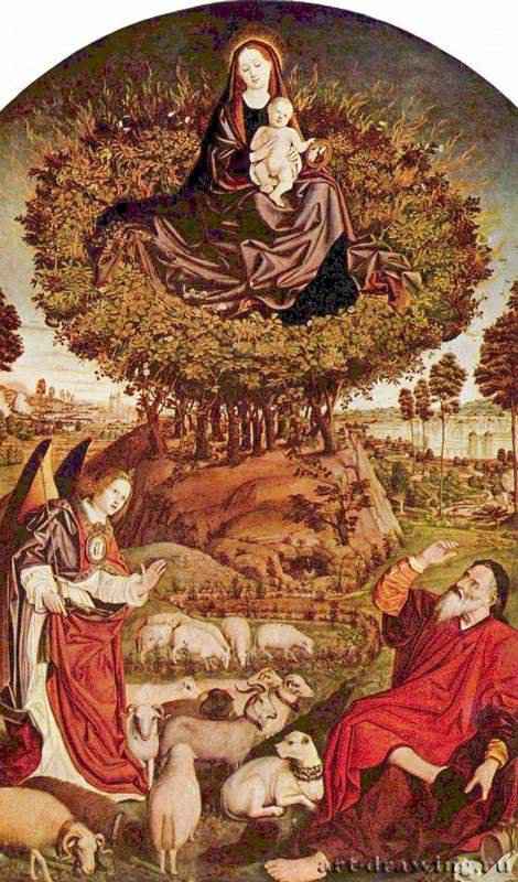 Триптих неопалимой купины, центральная часть, 1475-1476. - 410 x 305 см. Дерево. Поздняя готика. Франция. Экс-ан-Прованс. Собор Сен-Совер. Заказчик - король Рене Анжуйский, ср. створки с портретами донаторов, также находится в Экс-ан-Провансе. Моисей пас овец у своего теста Иофора и был поражен видением горящего тернового куста. В знак почтения перед этим небесным видением Моисей снял свою обувь. Слева изображен ангел, который также был свидетелем этой сцены. Согласно Библии, Бог говорил с Моисеем из горящего куста. Бог сказал, что Моисей должен избавить народ Израилев от гнета и вывести его в землю, где течет молоко и мед. Фроман включил в композицию образ Мадонны с младенцем, потому что горящий, но неопалимый терновый куст считался символом Марии, которая родила младенца, сохранив чистоту. Исполненная по заказу короля Рене Анжуйского для собора Сен-Совер, эта картина является центральной частью триптиха. О Фромане, французском художнике, работавшем в Экс-ан-Провансе и его окрестностях, известно очень мало. Художник уделял особое внимание деталям и был очень чувствителен к тонким эффектам света и цвета - эти элементы он заимствовал, возможно, у Яна ван Эйка.