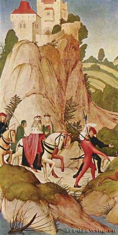 Алтарь св. Леопольда, боковая створка: Выезд верхом св. Леопольда. 1505 - 76 x 39 смДеревоПоздняя готикаАвстрияМонастырь Нойбург (под Веной). Монастырский музей
