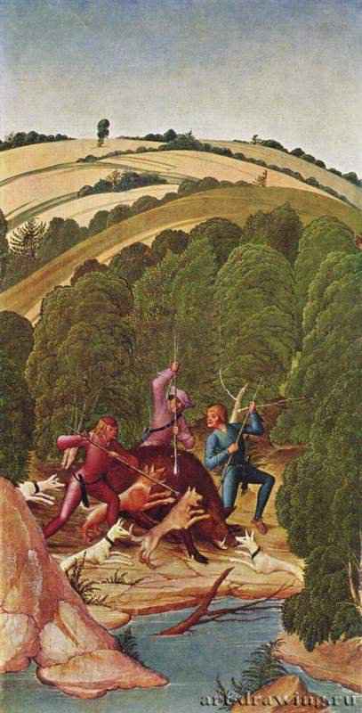 Алтарь св. Леопольда, боковая створка: Охота на кабана. 1505 - 76 x 39 смДеревоПоздняя готикаАвстрияМонастырь Нойбург (под Веной). Монастырский музей