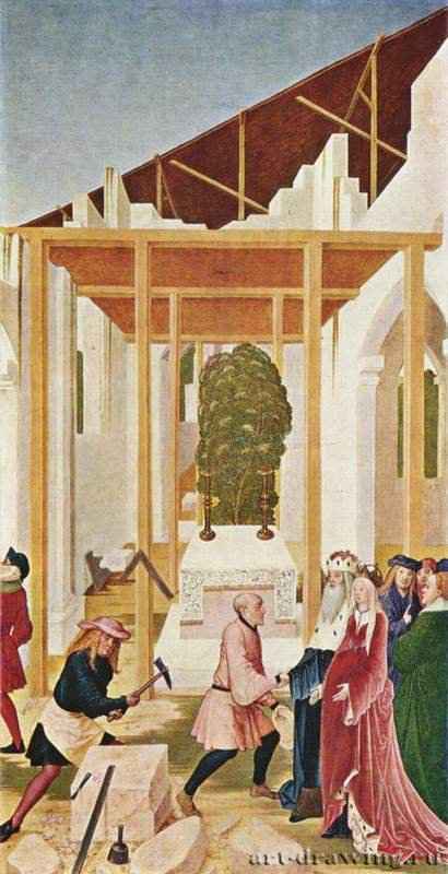 Алтарь св. Леопольда, боковая створка: постройка монастырской церкви. 1505 - 76 x 39 смДеревоПоздняя готикаАвстрияМонастырь Нойбург (под Веной). Монастырский музей