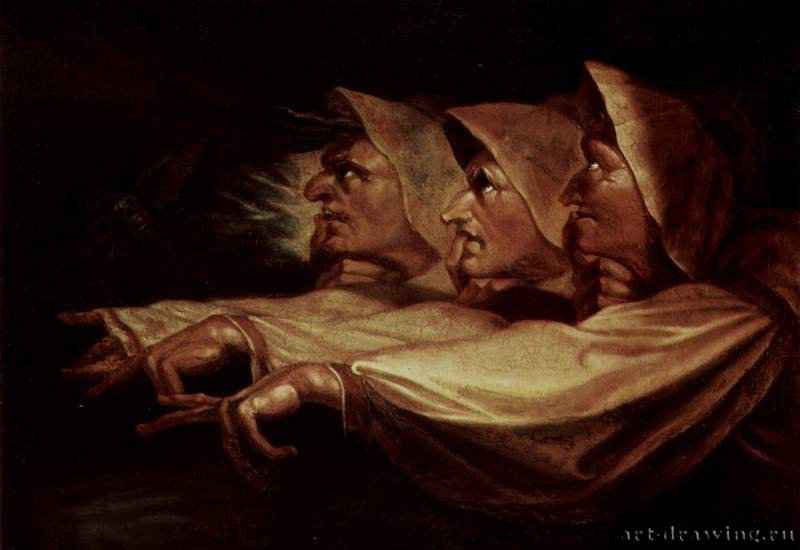 Три ведьмы. 1783 - 65 x 91,5 смХолст, маслоРомантизмШвейцария и ВеликобританияЦюрих. КунстхаусИллюстрация к "Макбету" Уильяма Шекспира