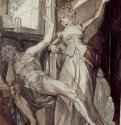 Кримхильда показывает Гунтеру в тюрьме кольцо нибелунгов. 1807 - 50 x 38,4 см. Картон, тушь, карандаш, акварель. Цюрих. Кунстхаус. Иллюстрация к 'Песни о Нибелунгах'.