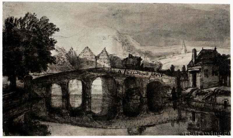 Пейзаж с мостом. Первая половина 17 века - Перо коричневой тушью, отмывка коричневым тоном, подсветка белым, на бумаге 100 x 170 мм Эрмитаж Санкт-Петербург