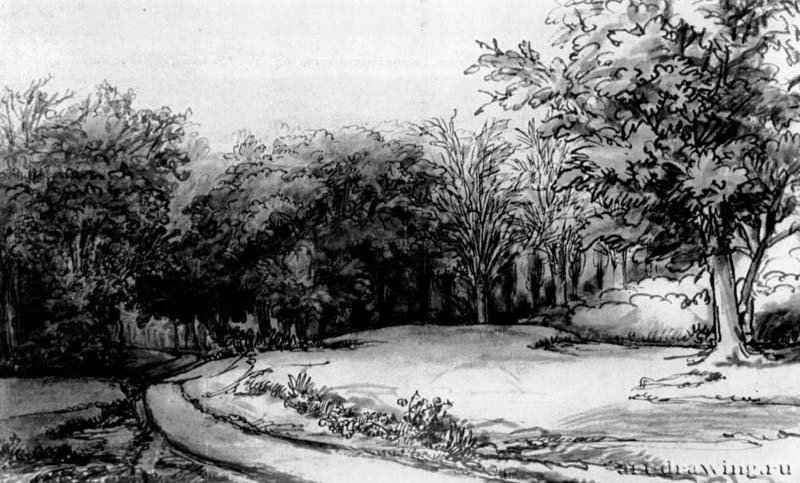 Дорога в лесу. Середина 17 века - Перо и кисть коричневым тоном поверх сангины, на бумаге 180 x 295 мм Муниципальный архив Амстердам