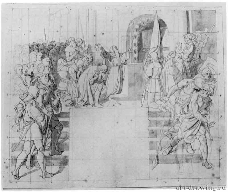 Готфрид Бульонский в церкви Гроба Господня в Иерусалиме. 1827 - 1828 - 425 х 525 мм. Перо, отмывка коричневым тоном по рисунку карандашом, на бумаге, разметка на квадраты. Франкфурт-на-Майне. Художественный институт Штеделя, Гравюрный кабинет.