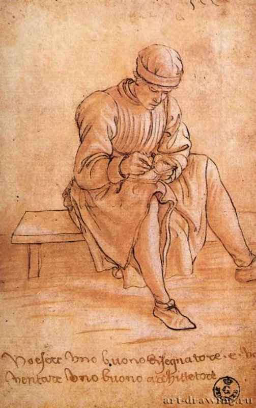Сидящий подмастерье за рисованием - 19,5 x 12,6 см. Перо, акварель, белила на тонированной бледно-розовой бумаге. Флоренция. Галерея Уффици.