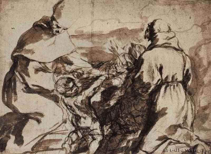 Двое святых и путти. 1590-1600 - 278 х 376 мм. Рисунок кистью, отмывка коричневым тоном, поверх наброска черным мелом, на бумаге. Оксфорд. Музей Эшмолеан, Отдел гравюры и рисунка. Италия.