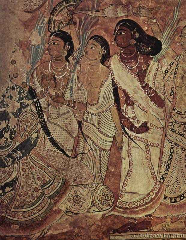 Группа женщин. 1540 * - Настенная росписьИндияХиндупур. Храм Лепакши