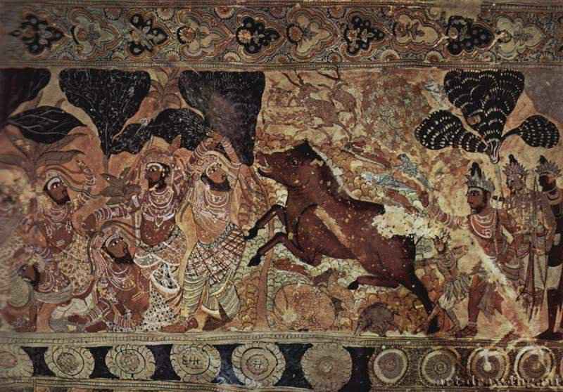 Охота на кабанов. 1540 * - Настенная росписьИндияХиндупур. Храм Лепакши