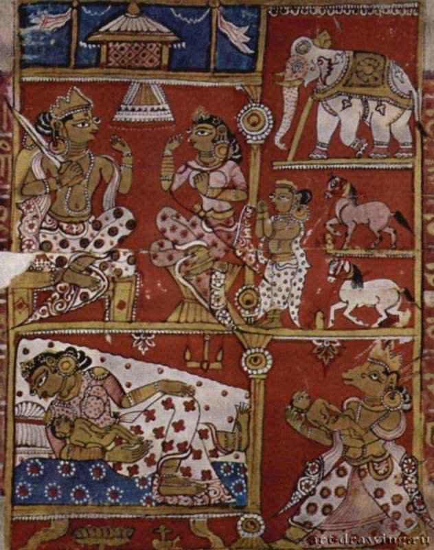 Рукопись Кальпасутры, сцена нового рождения переселившейся души. 1439 - 10,2 x 7,6 см. Бумага. Индия. Нью-Дели. Национальный музей Индии. Миниатюра в рукописи.